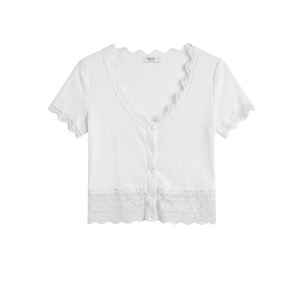 Caution to the Wind Lace Trim Ribbed Cardigan Top Women Large White Coquette
